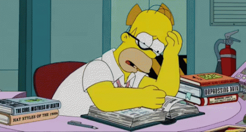 Homer Simpson Sits At A Desk With A Stack Of Books One Of Which Is Titled Depressing Death GIF