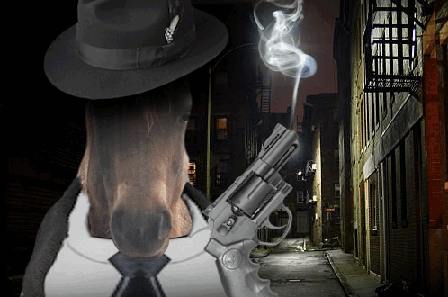 Horse in Hat and Tie Holding Gun With Smoke