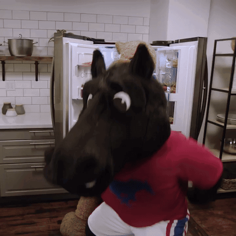 Horse Mascot Standing in Front of Refrigerator