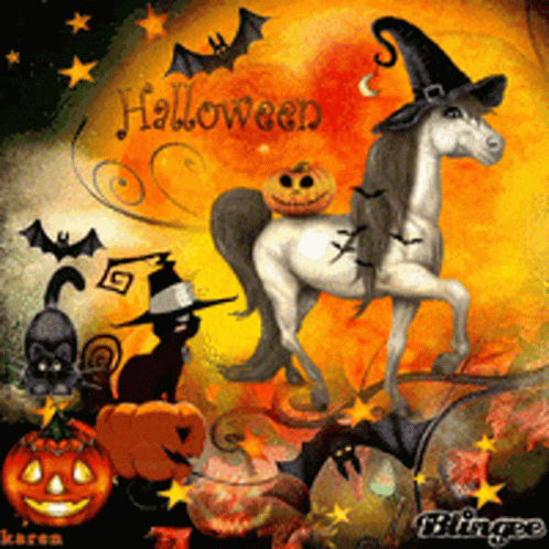 Horse With Pumpkin On Its Back Surrounded By Pumpkins And Bats GIF