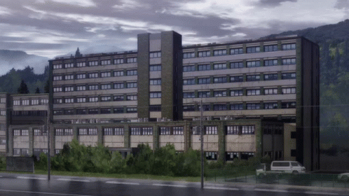 Hospital Facade With Car Passing By Anime GIF