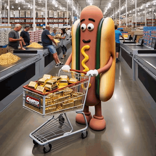 Hot Dog Mascot Pushing Gold Cart