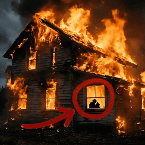 House On Fire With Red Arrow GIF