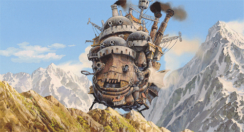 Howl's Moving Castle Flying Over Mountains GIF