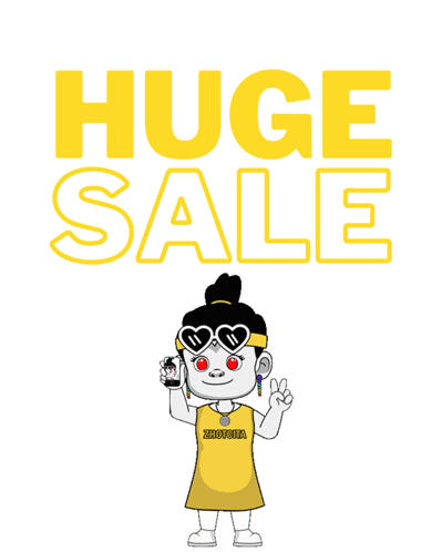 Huge Sale Sign With Cartoon Girl Holding Cell Phone