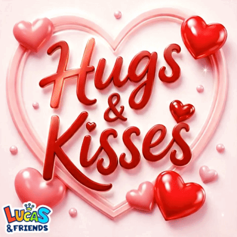 Hugs And Kisses Is Written In Red On A Pink Background GIF
