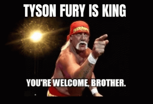 Hulk Hogan Is Pointing At The Camera With A Caption That Says Tyson Fury Is King You 'Re Welcome Brother . GIF