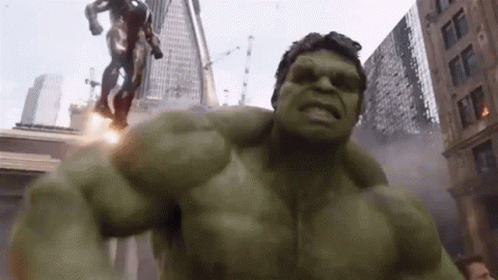 Hulk in City with Captain America Statue
