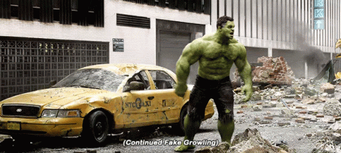 Hulk Standing in Front of Destroyed NYC Taxi
