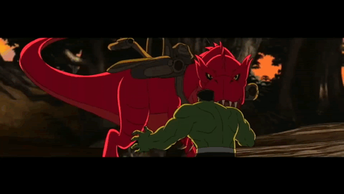 Hulk Standing Next to Red Dinosaur