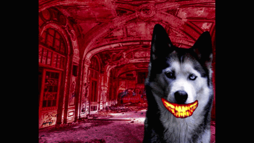 Husky Dog Smiling in Red Hallway