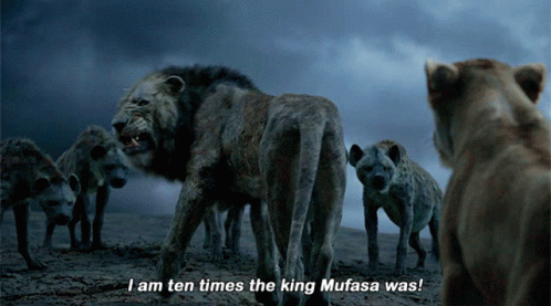 Hyenas Next to Lion Saying I Am Ten Times the King Mufasa Was