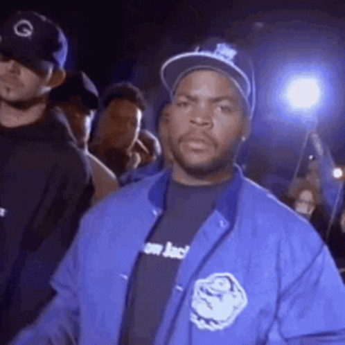 Ice Cube In Blue Jacket And Hat Before Crowd GIF