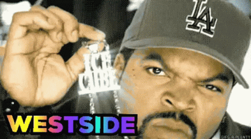 Ice Cube Is Wearing A La Dodgers Hat And Holding A Pendant That Says Westside GIF