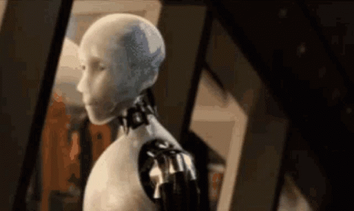 Irobot With Shaved Eyebrows Saying No GIF