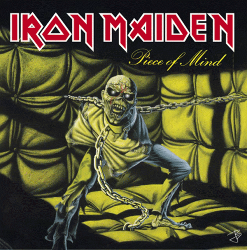 Iron Maiden 'S Piece Of Mind Album Cover Shows A Zombie Chained To A Couch GIF