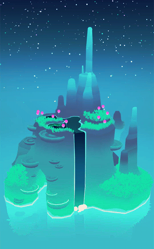 Island With Waterfall Under Starry Night Sky GIF