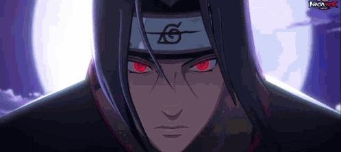 Itachi Uchiha From Naruto Has Red Eyes And A Headband With A Symbol On It GIF