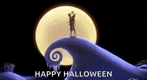 Jack And Sally From The Nightmare Before Christmas Are Standing On Top Of A Swirl In Front Of A Full Moon . GIF