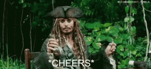 Jack Sparrow From Pirates Of The Caribbean Is Sitting In A Chair Holding A Drink And Smoking A Pipe . GIF
