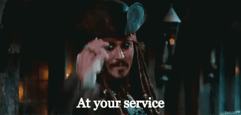 Jack Sparrow From Pirates Of The Caribbean Is Waving His Hand And Saying At Your Service GIF