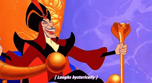 Jafar From The Movie Aladdin Is Sitting On A Throne Holding A Cane And Laughing . GIF