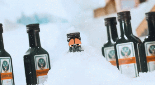 Jagermeister Bottle In Snow With Other Bottles GIF