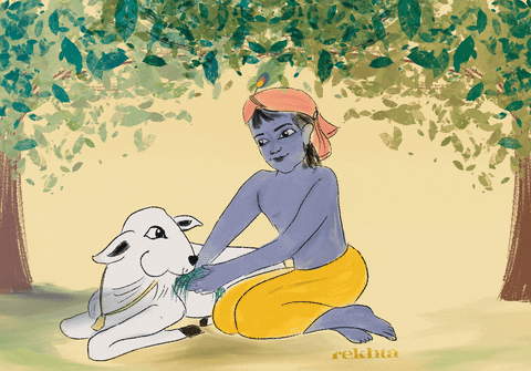 Janmashtami Krishna Feeding Cow Animation GIF