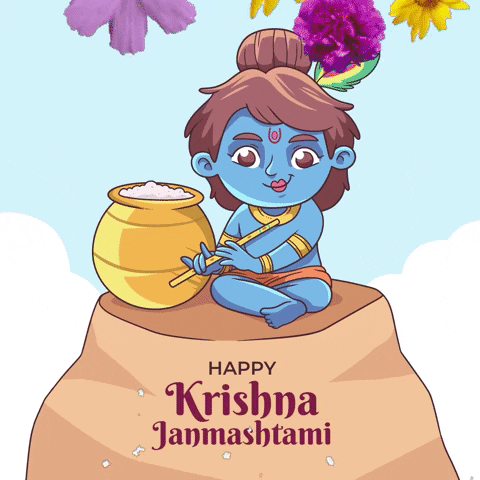 Janmashtami Krishna Sitting With Curd Pot GIF