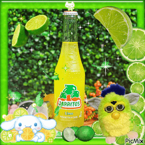 Jarritos Lime Bottle With Limes And Furby GIF
