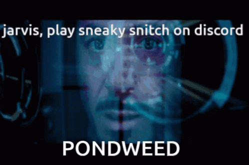 Jarvis Play Sneaky Snitch On Discord Pondweed Written On A Black Background GIF