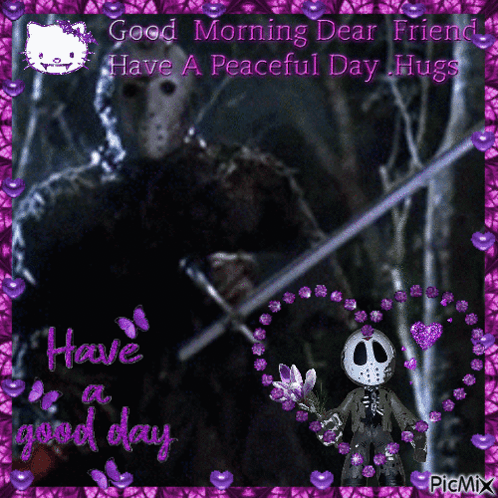 Jason Voorhees Holding Sword With Hello Kitty Saying Good Morning Dear Friend Have A Peaceful Day GIF