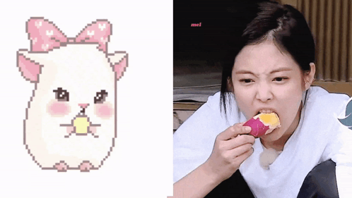 Jennie Kim Eating With Cute Cartoon GIF