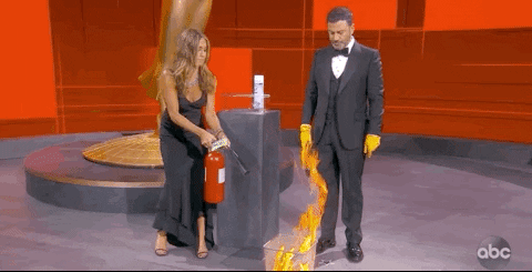 Jennifer Aniston And Jimmy Kimmel Fire Extinguisher GIF