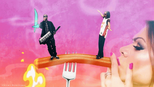 Jeremy Mansford Has Created An Illustration Of A Woman Eating A Sausage And A Man Playing A Keyboard GIF