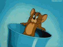 Jerry From Tom And Jerry Is Looking Out Of A Blue Cup GIF