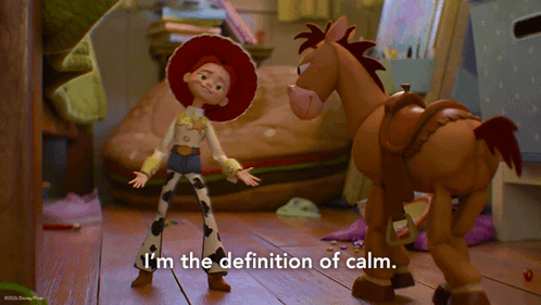 Jessie From Toy Story Is Standing Next To A Brown Horse And Says I 'M The Definition Of Calm GIF
