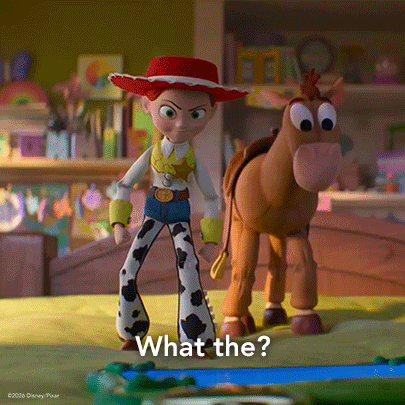 Jessie From Toy Story Is Standing Next To A Stuffed Horse And Says What The GIF