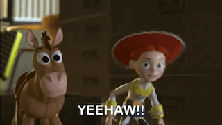 Jessie From Toy Story Standing Next to Stuffed Horse Saying Yeehaw