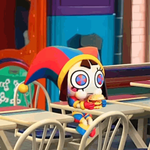 Jester Doll Sitting at Table With Hamburger