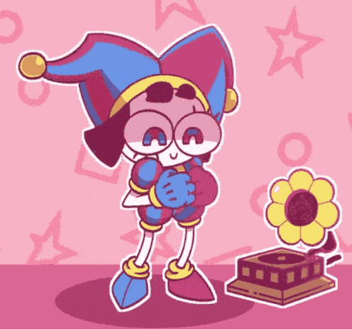 Jester Holding Heart Next to Record Player