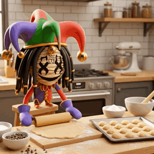 Jester Sitting On Stool Rolling Dough In Kitchen GIF