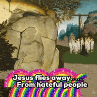 Jesus Flying Away From Hateful People With Rainbow