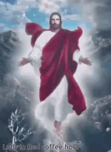 Jesus in Red Robe Flying Through Air