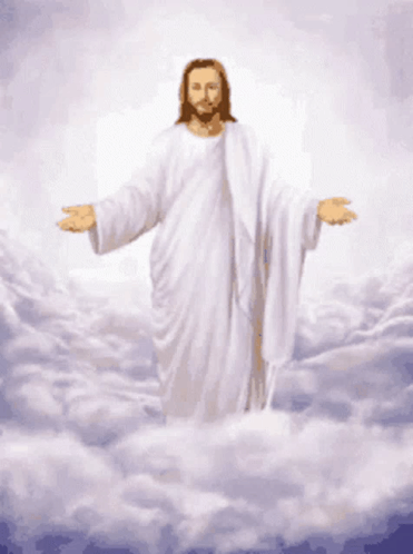 Jesus in White Robe in Clouds