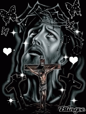 Jesus Is Hanging On A Cross With A Crown Of Thorns On His Head . GIF