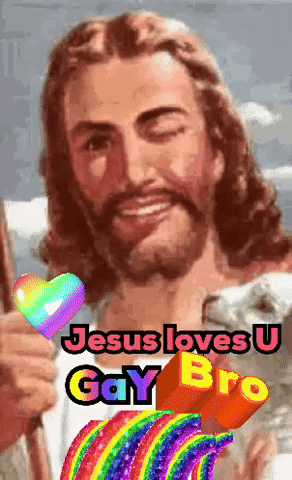 Jesus Is Holding A Rainbow Heart And The Words Jesus Loves U Gay Bro Are Above Him GIF