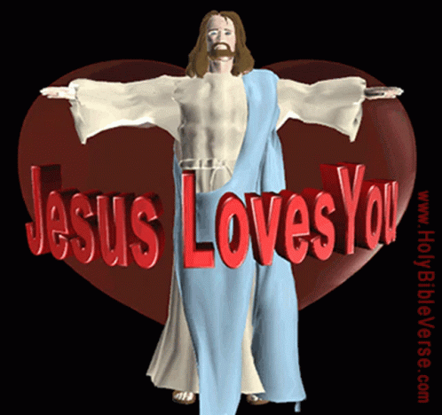 Jesus Is Standing In Front Of A Heart With The Words Jesus Loves You GIF