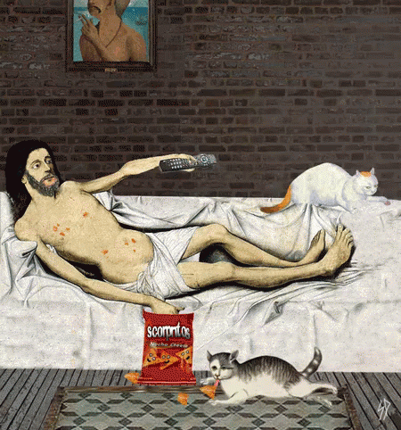 Jesus Laying On Bed Next To Bag Of Scampitos GIF