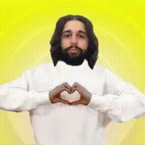 Jesus Making Heart With Hands on Yellow Background